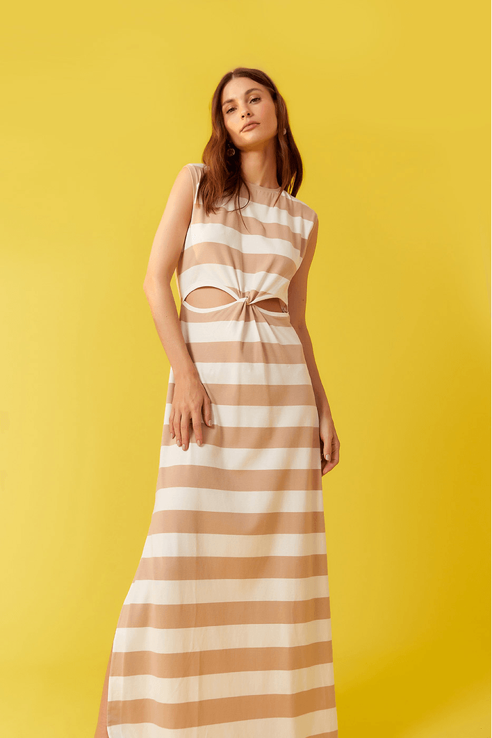 Vestido Estampa Listra Bege
