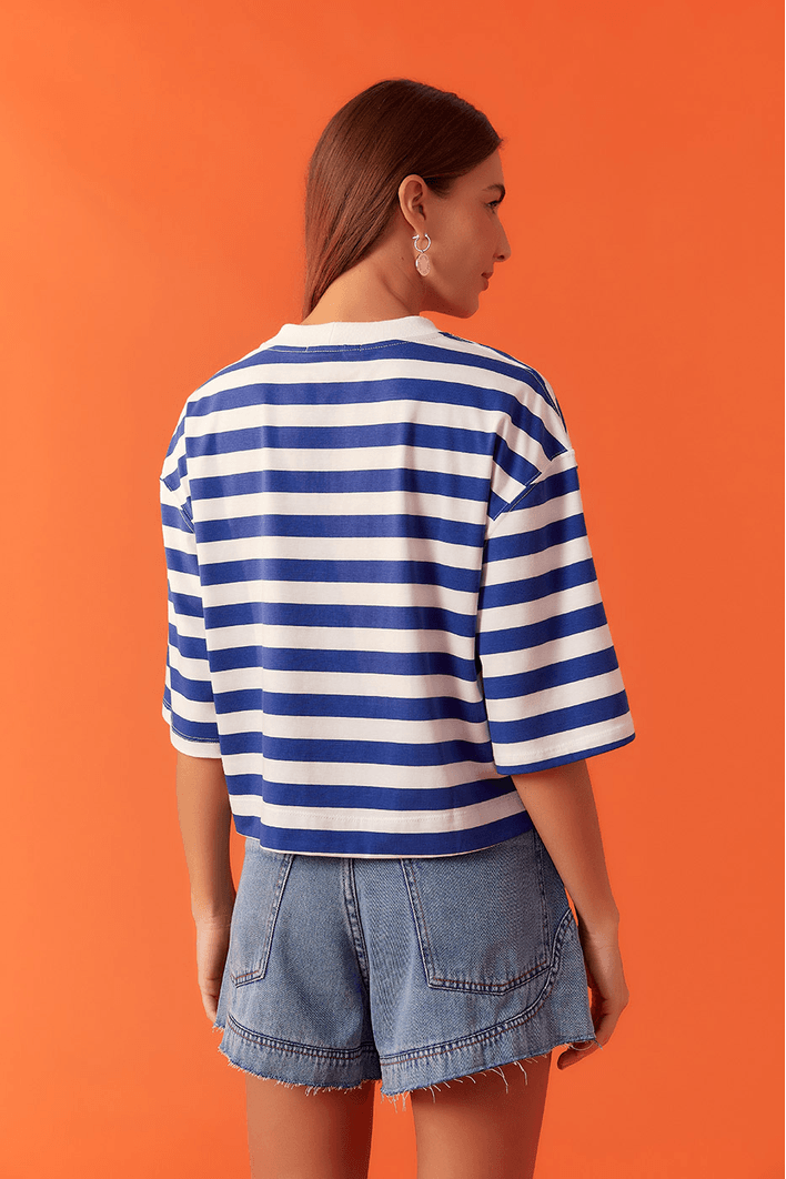 T-shirt Estampa Listra Azul Com Bordado