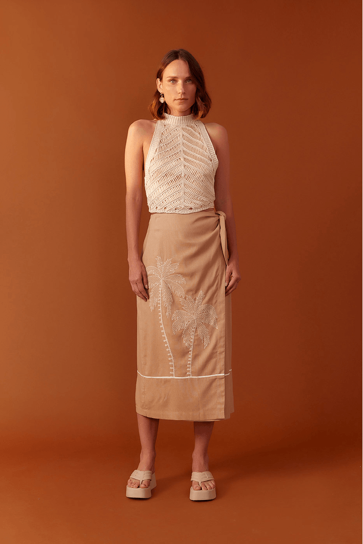 Saia Linho Cropped Bordado Coqueiro