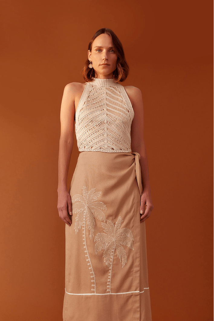 Saia Linho Cropped Bordado Coqueiro