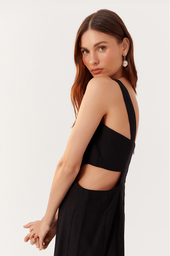 Vestido Linho Cropped Recorte Lateral