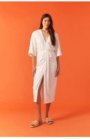 Vestido Midi Linho Saia Pregas