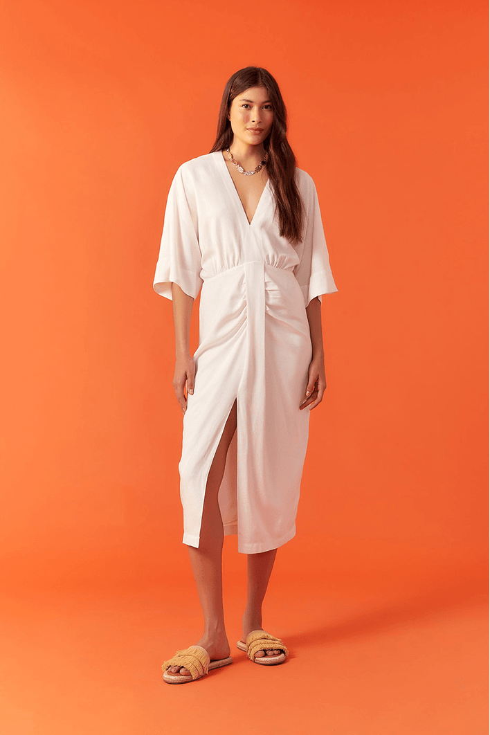 Vestido Midi Linho Saia Pregas
