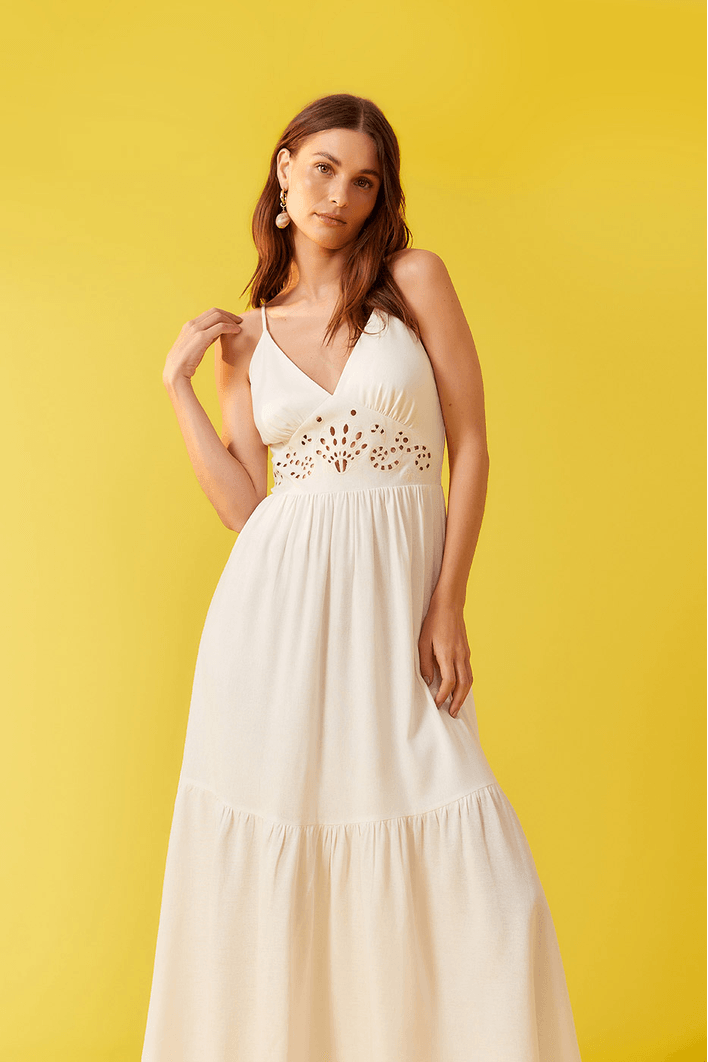 Vestido Linho Cropped Bordado Rechilieu
