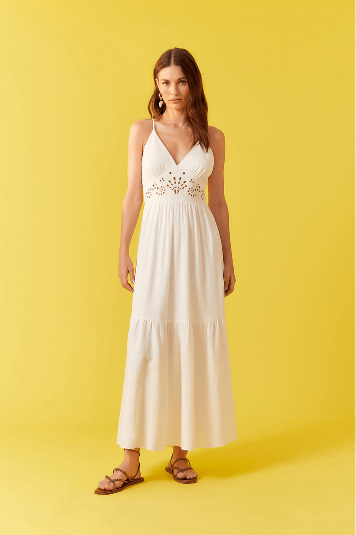 Vestido Linho Cropped Bordado Rechilieu