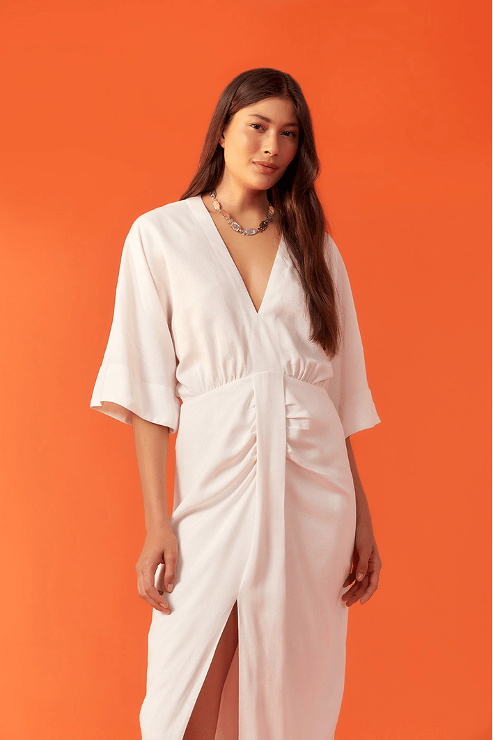 Vestido Midi Linho Saia Pregas