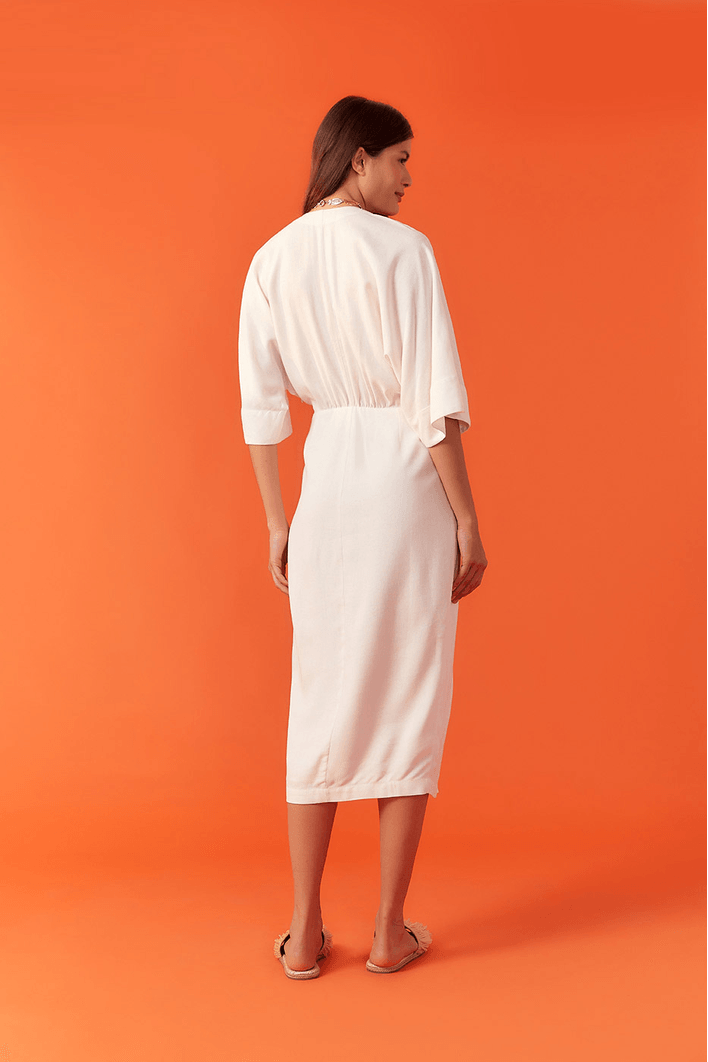 Vestido Midi Linho Saia Pregas