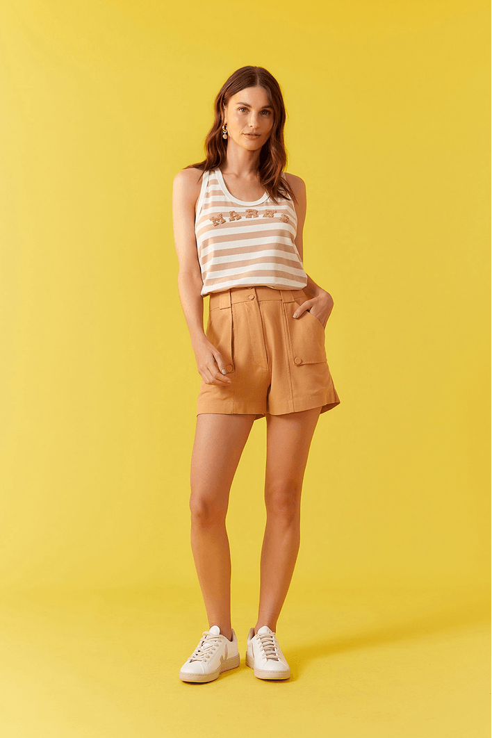 Blusa Estampa Listra Bege Com Bordado