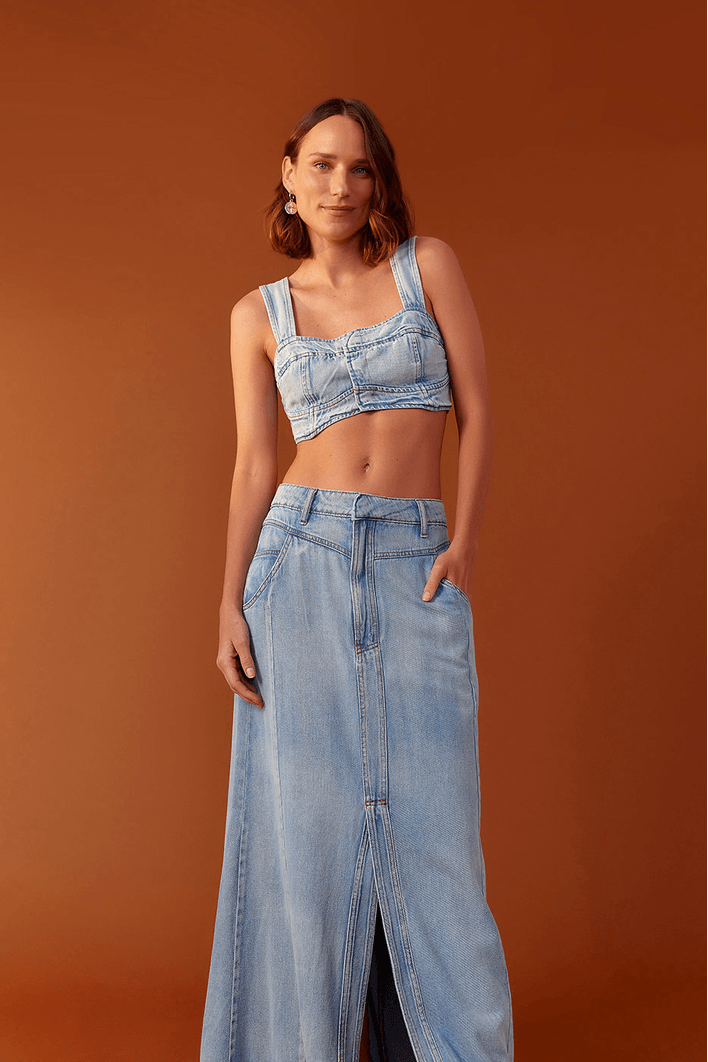Saia Jeans Longa Recortes