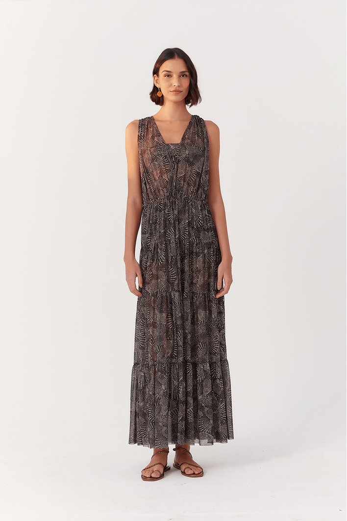 Vestido Longo Tule Estampa Búzios