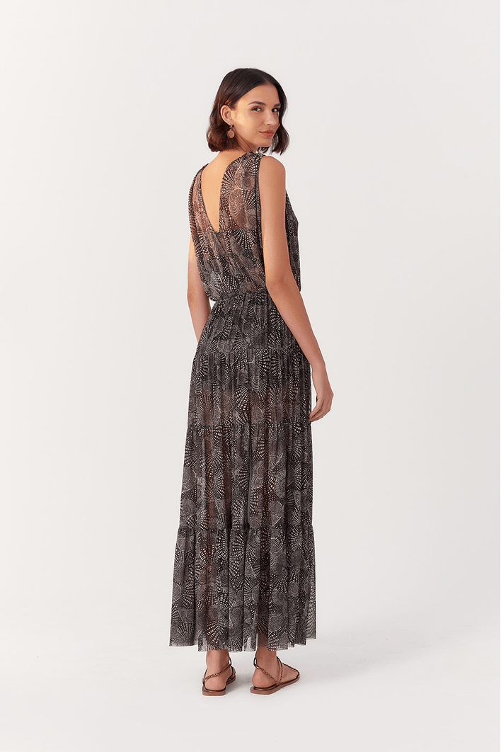 Vestido Longo Tule Estampa Búzios