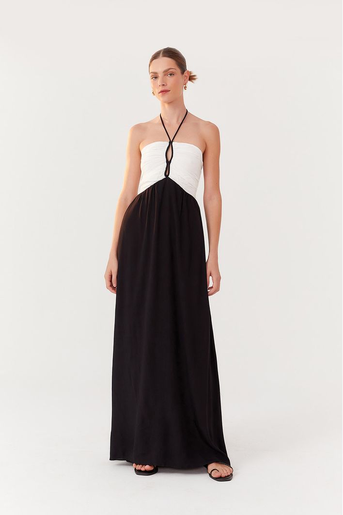 Vestido Longuete Crepe Bicolor