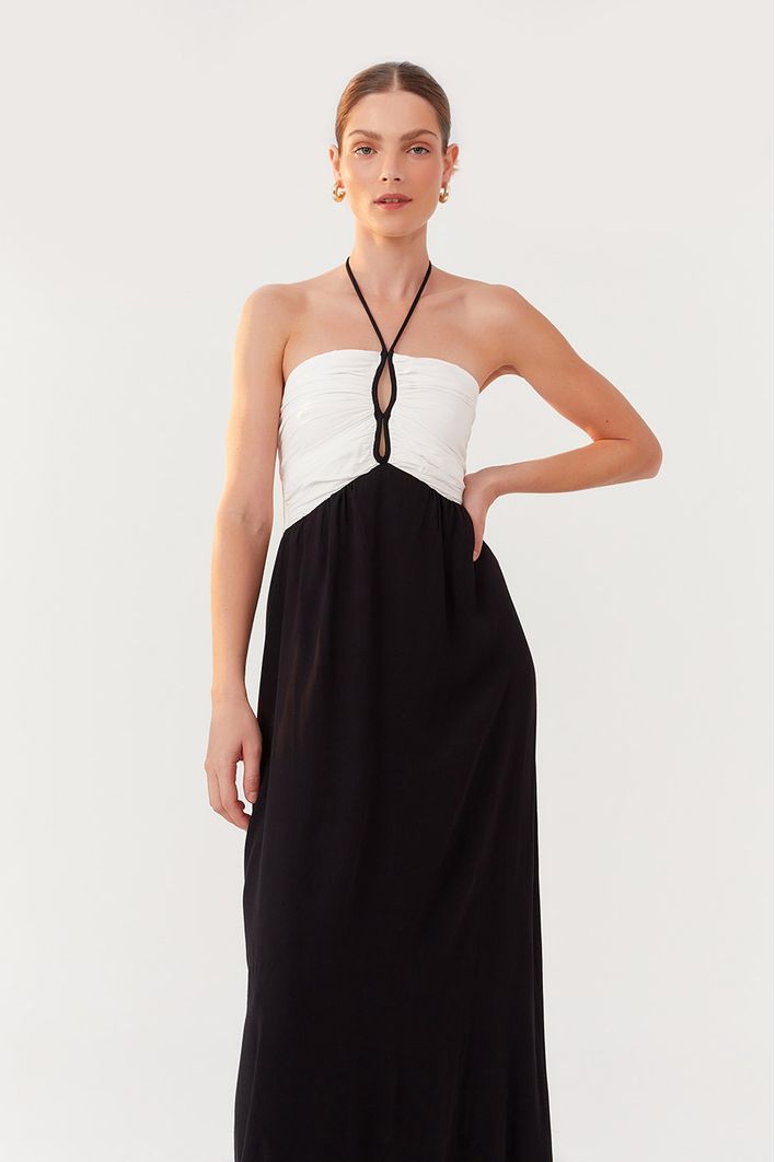 Vestido Longuete Crepe Bicolor