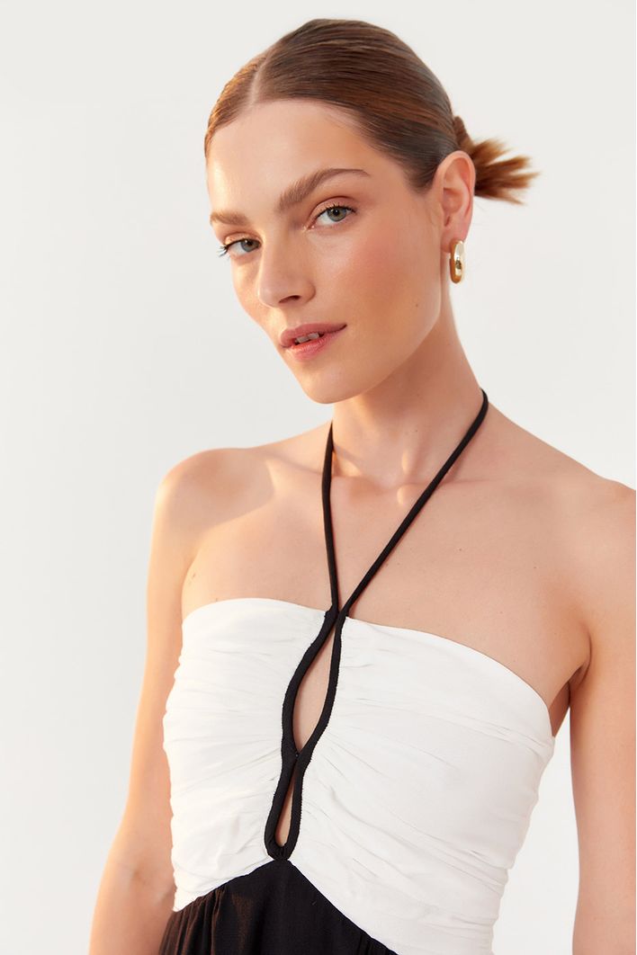 Vestido Longuete Crepe Bicolor