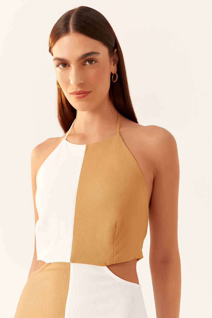 Vestido Linho Midi Bicolor