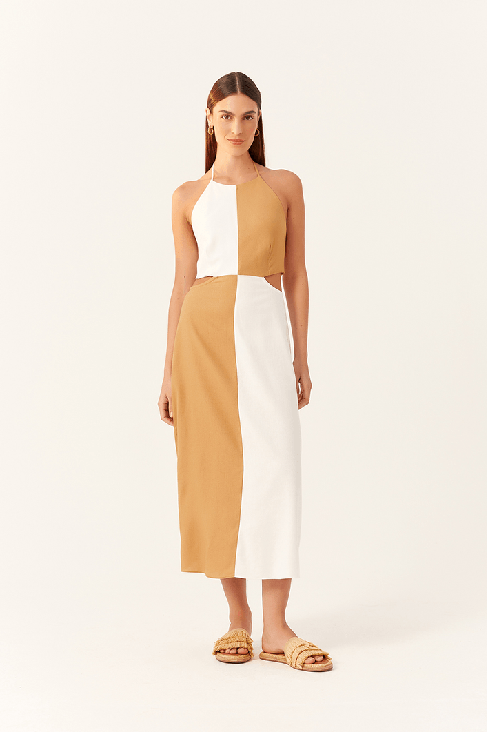 Vestido Linho Midi Bicolor