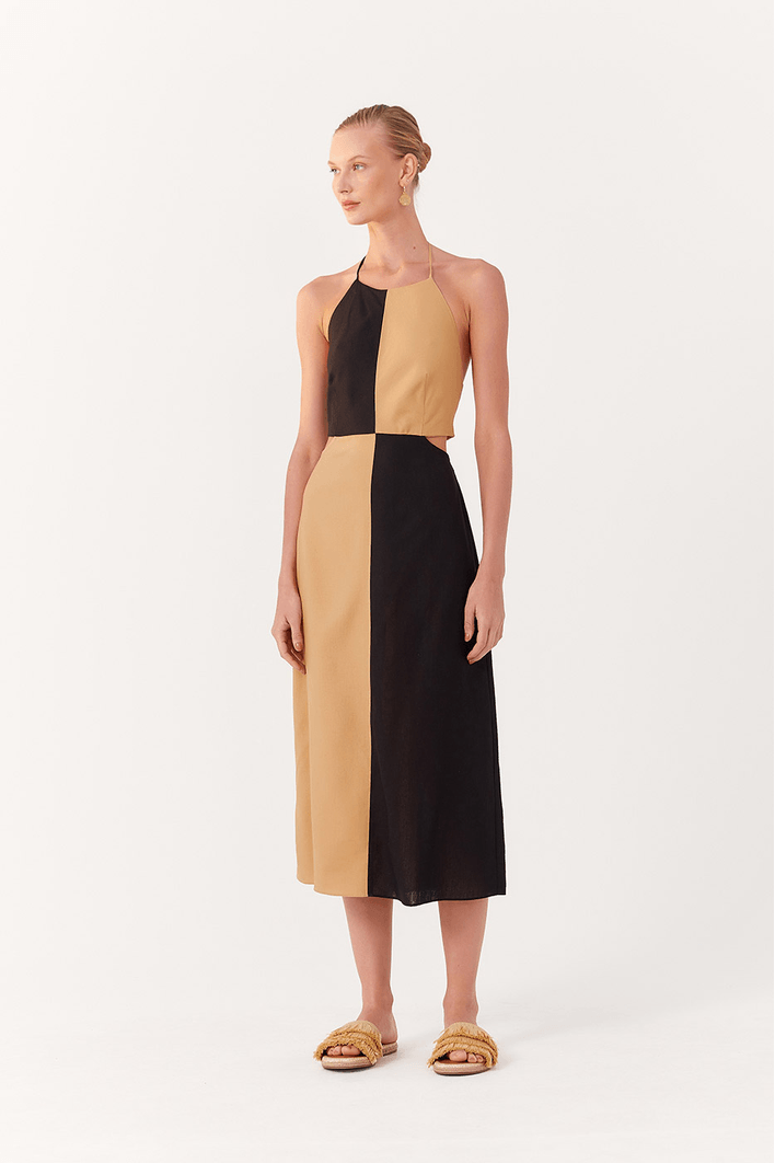 Vestido Linho Midi Bicolor