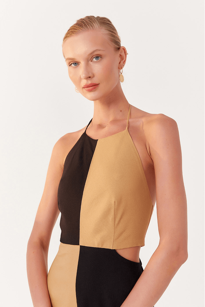 Vestido Linho Midi Bicolor