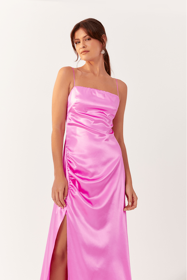 Vestido Cetim Longo Recortes