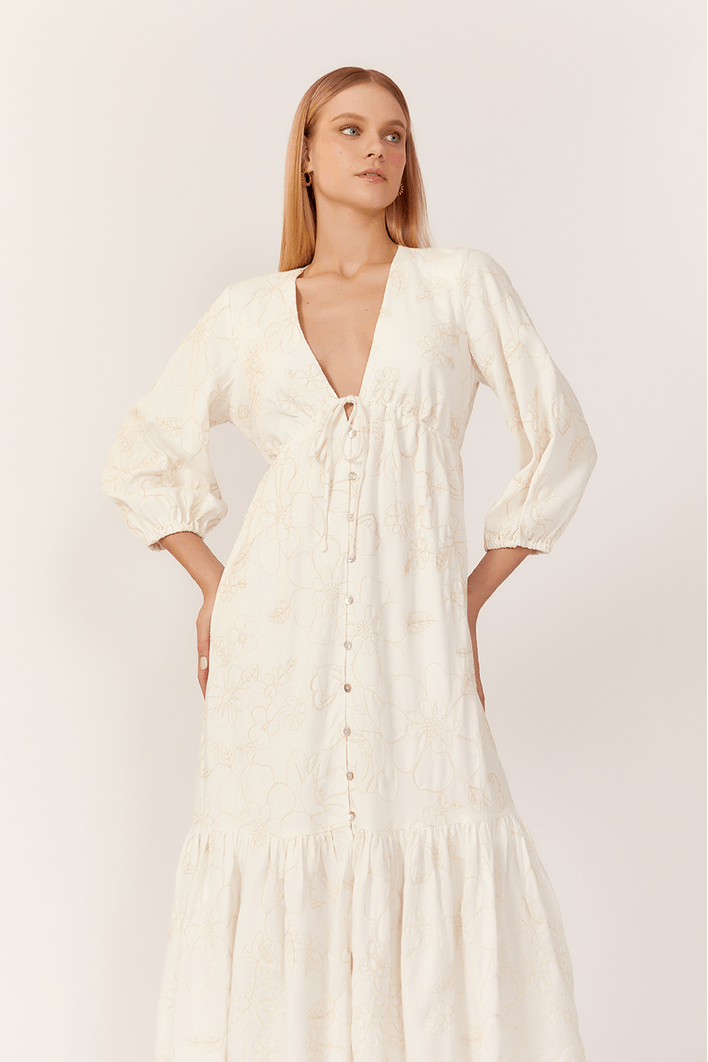 Vestido Cropped Linho Bordado Decote V