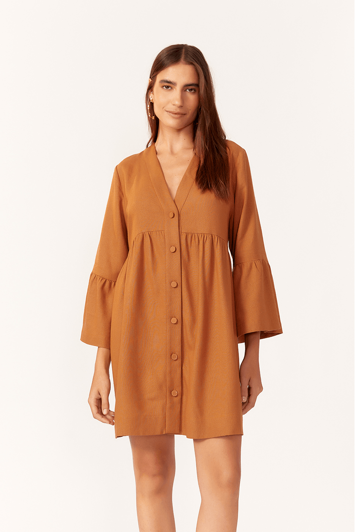 Vestido Curto Linho Frente Botões