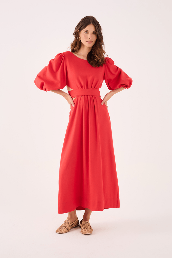 Vestido Linho Midi Recortes Amarração