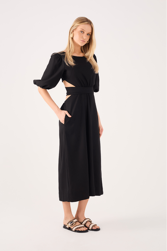 Vestido Linho Midi Recortes Amarração