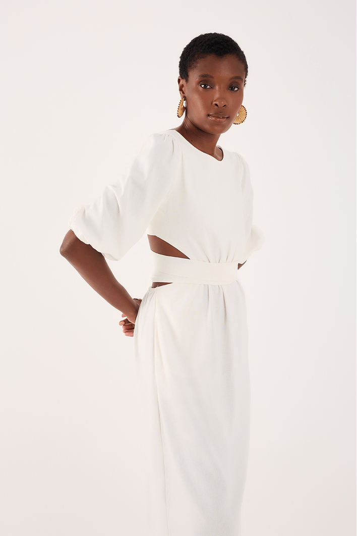 Vestido Linho Midi Recortes Amarração