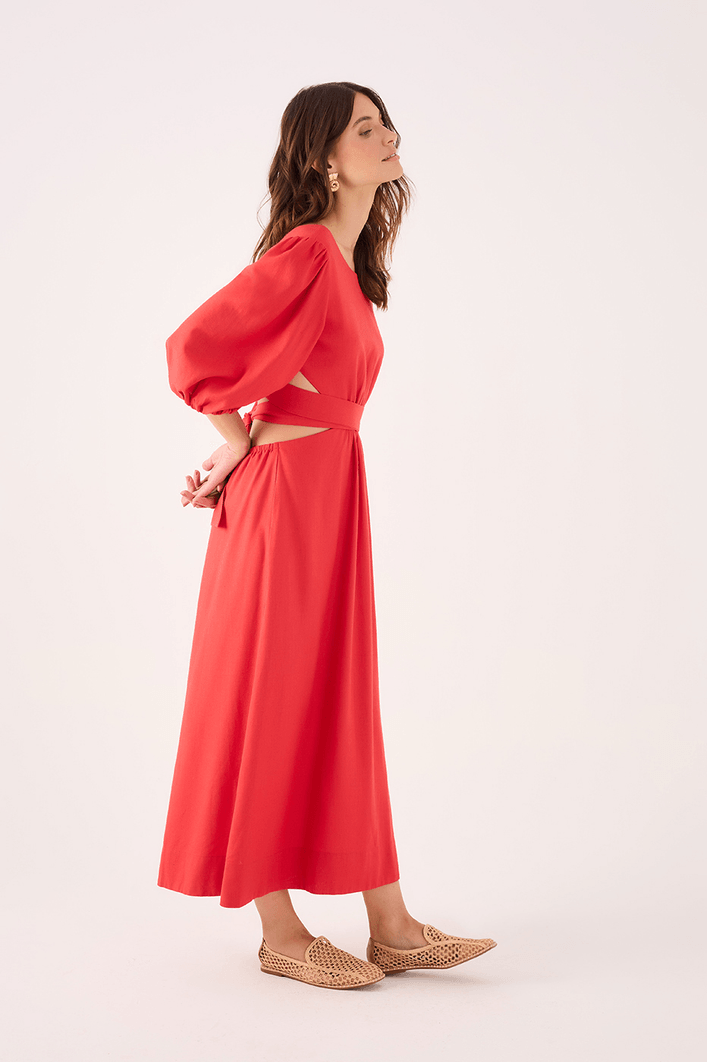 Vestido Linho Midi Recortes Amarração