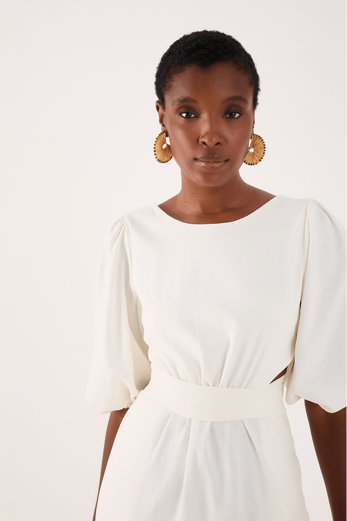 Vestido Linho Midi Recortes Amarração