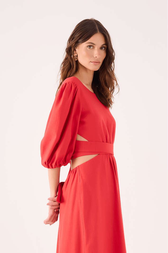 Vestido Linho Midi Recortes Amarração