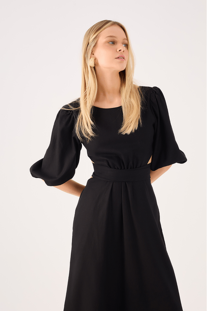 Vestido Linho Midi Recortes Amarração