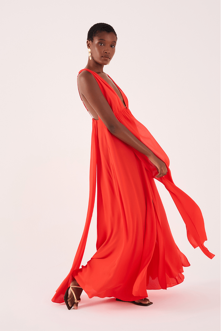 Vestido Longo Crepe Saia Sobreposta