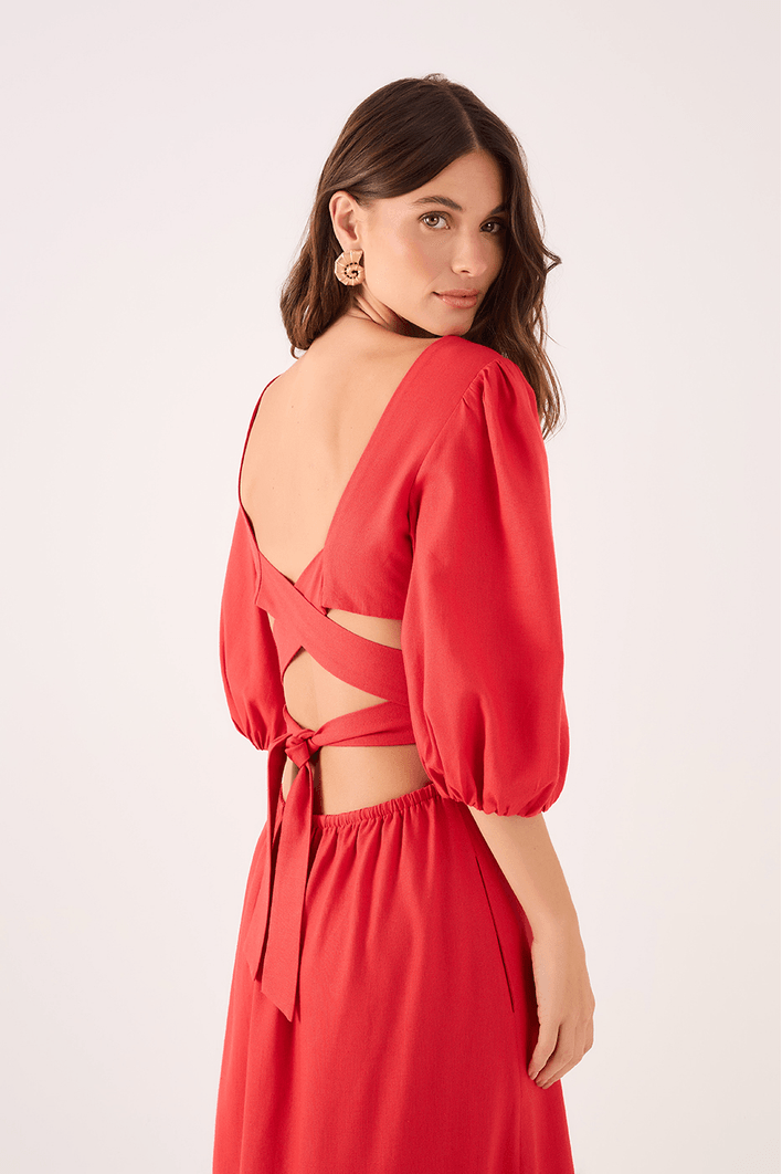 Vestido Linho Midi Recortes Amarração
