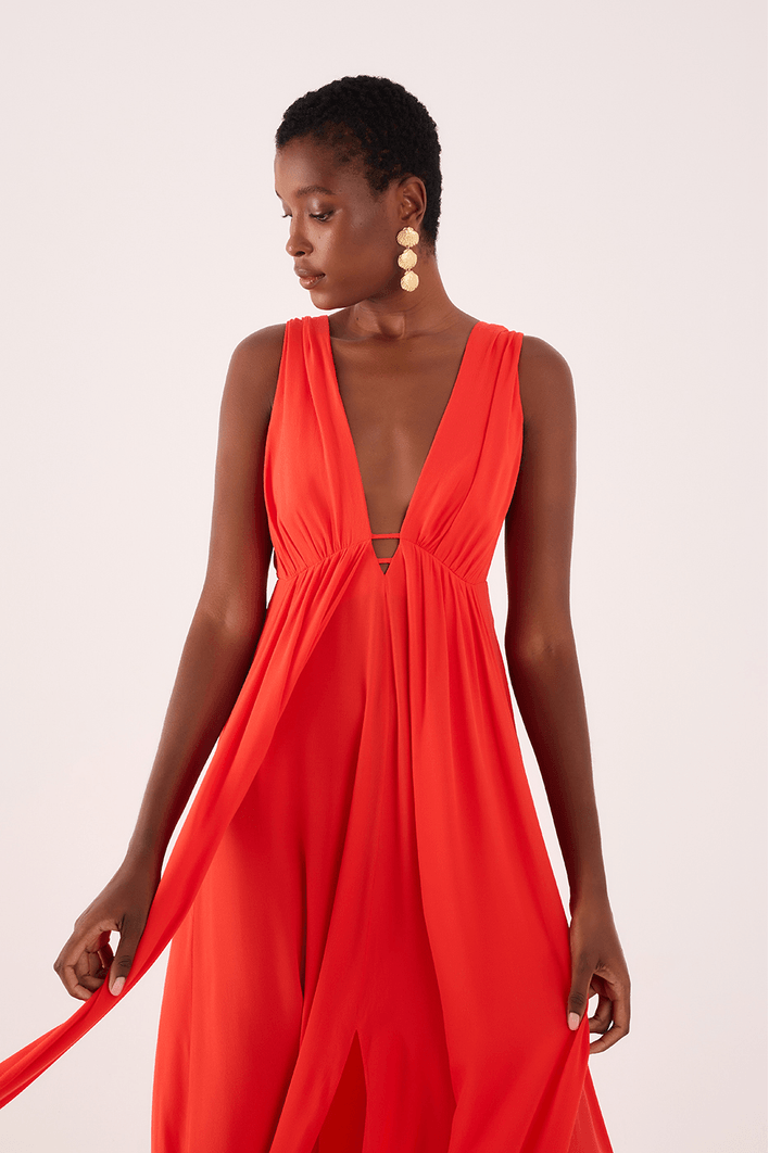 Vestido Longo Crepe Saia Sobreposta