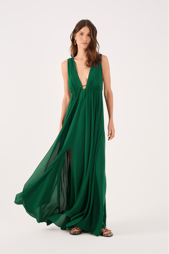Vestido Longo Crepe Saia Sobreposta