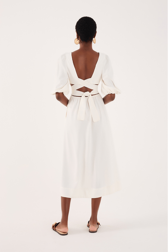 Vestido Linho Midi Recortes Amarração