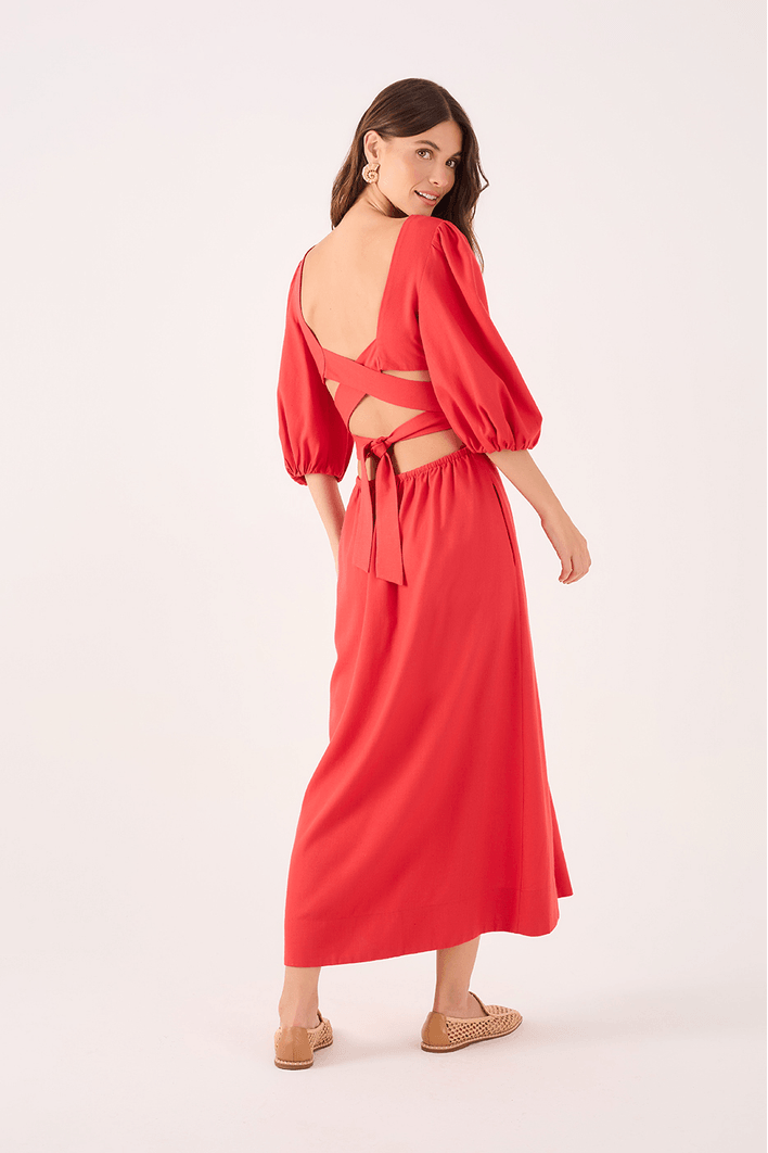 Vestido Linho Midi Recortes Amarração