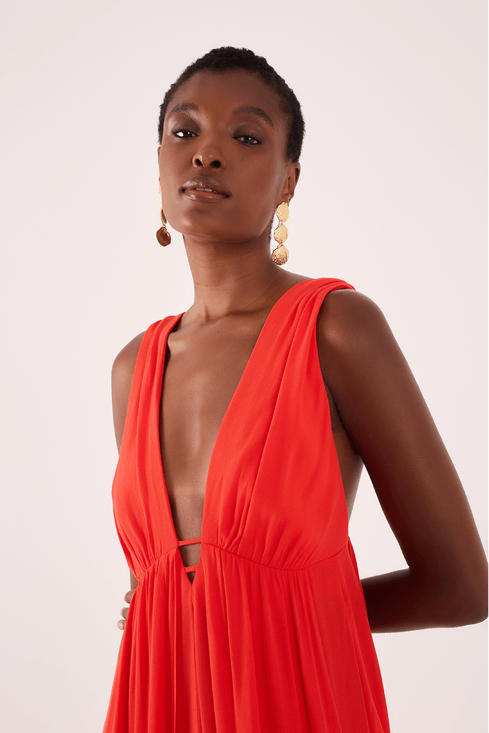 Vestido Longo Crepe Saia Sobreposta
