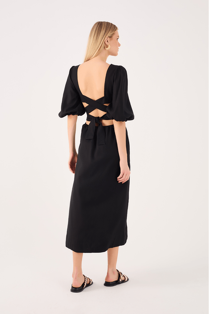 Vestido Linho Midi Recortes Amarração