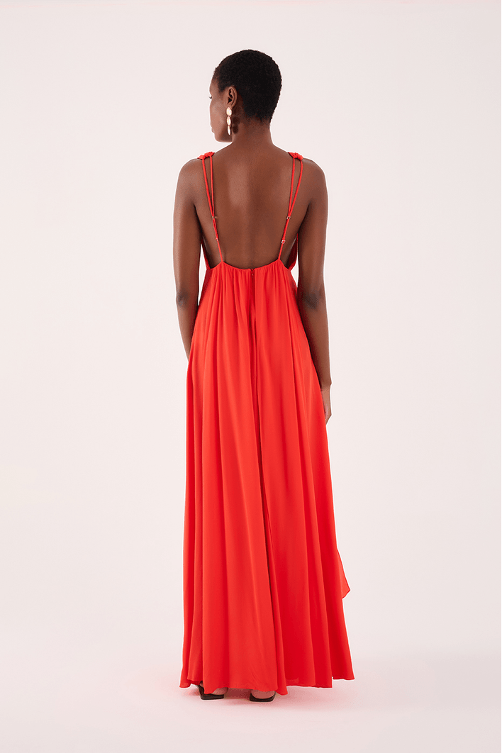 Vestido Longo Crepe Saia Sobreposta