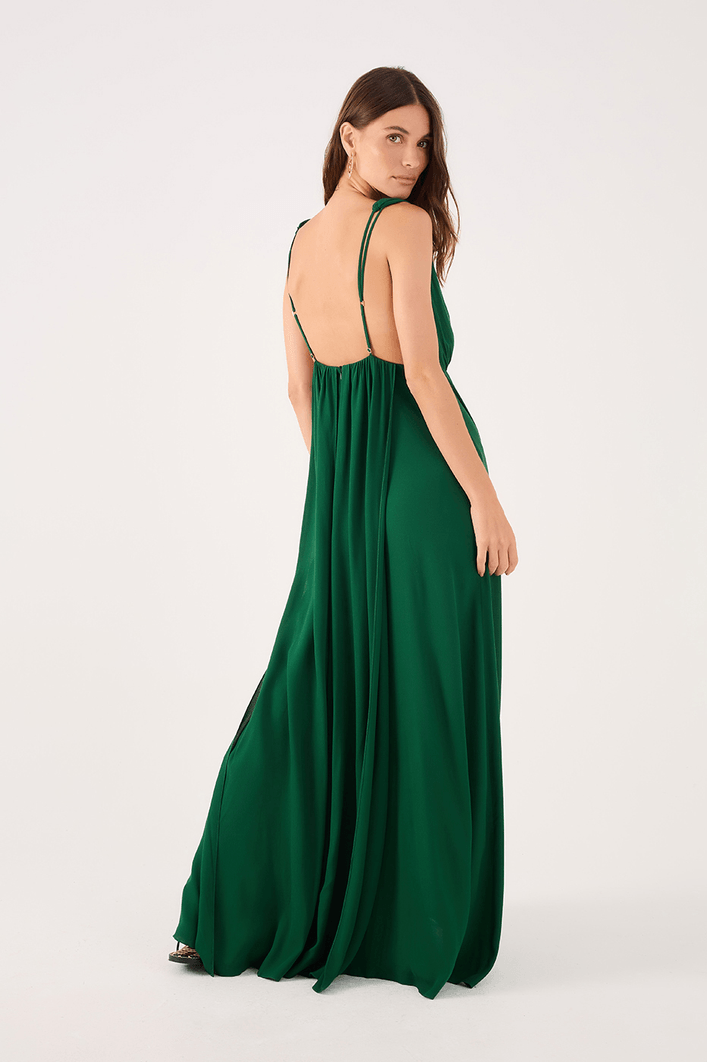 Vestido Longo Crepe Saia Sobreposta