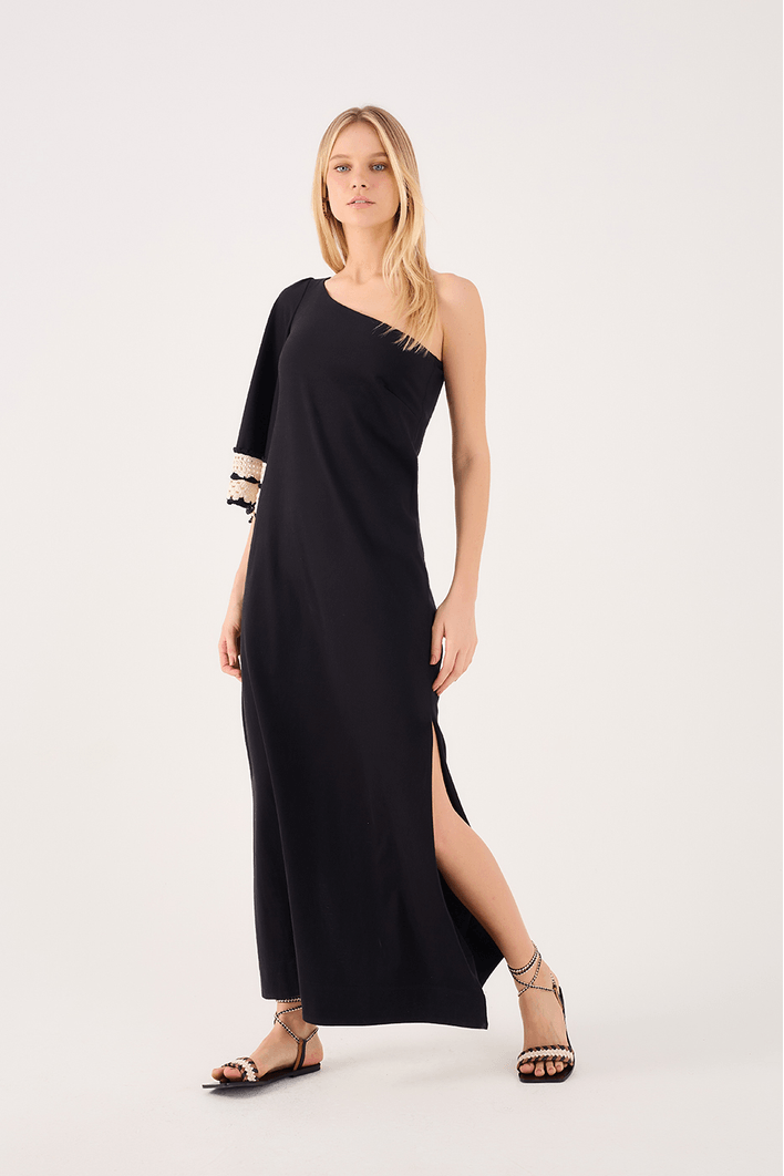 Vestido Longo Manga Crochet