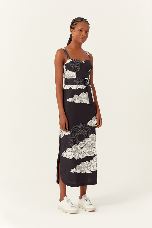 Vestido Midi Tricoline Estampa Céu