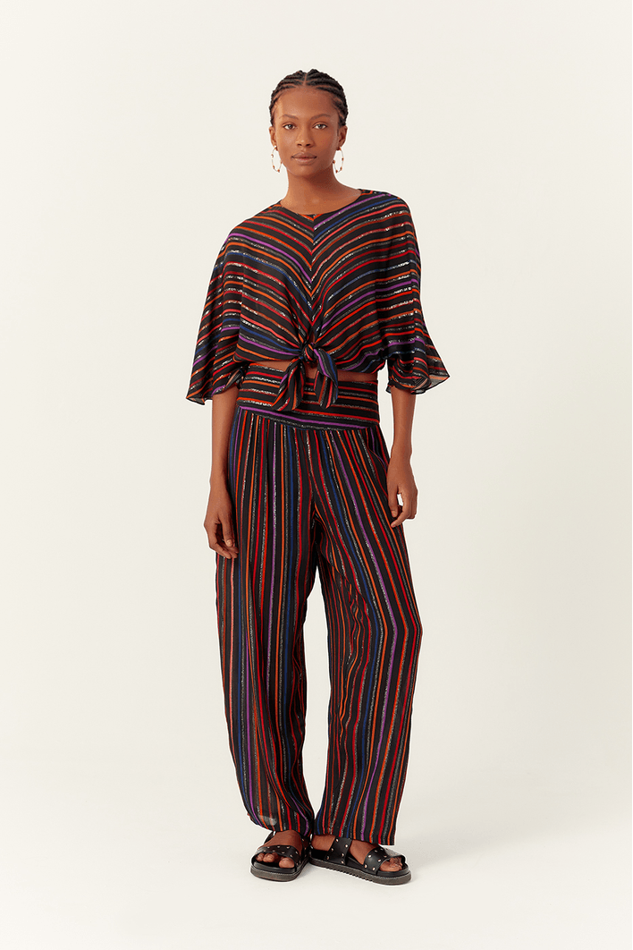 Calça Cropped Lurex Estampa Universo