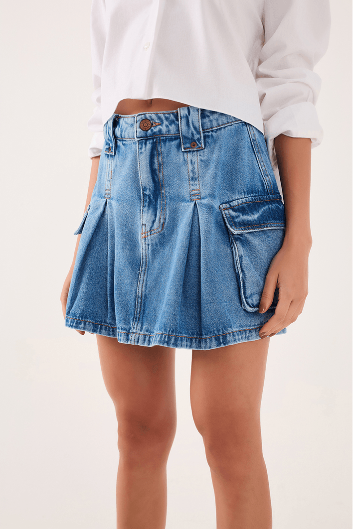 Saia Jeans Pregas Bolso