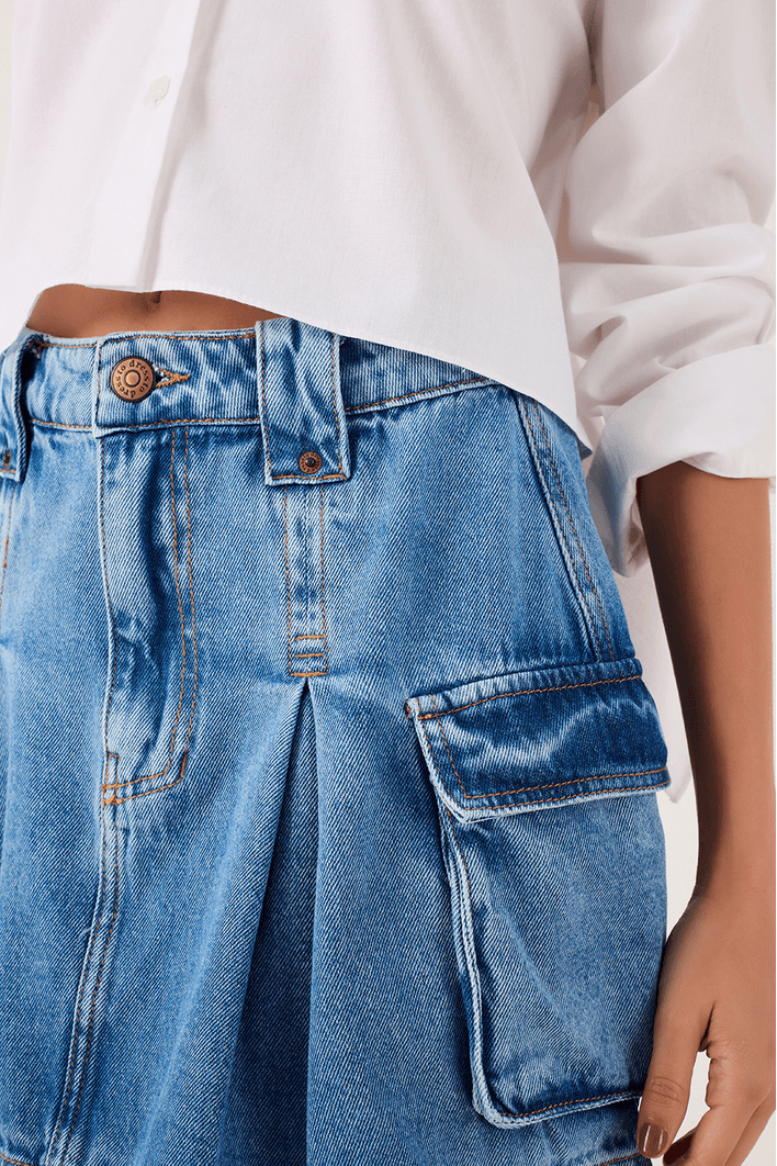 Saia Jeans Pregas Bolso