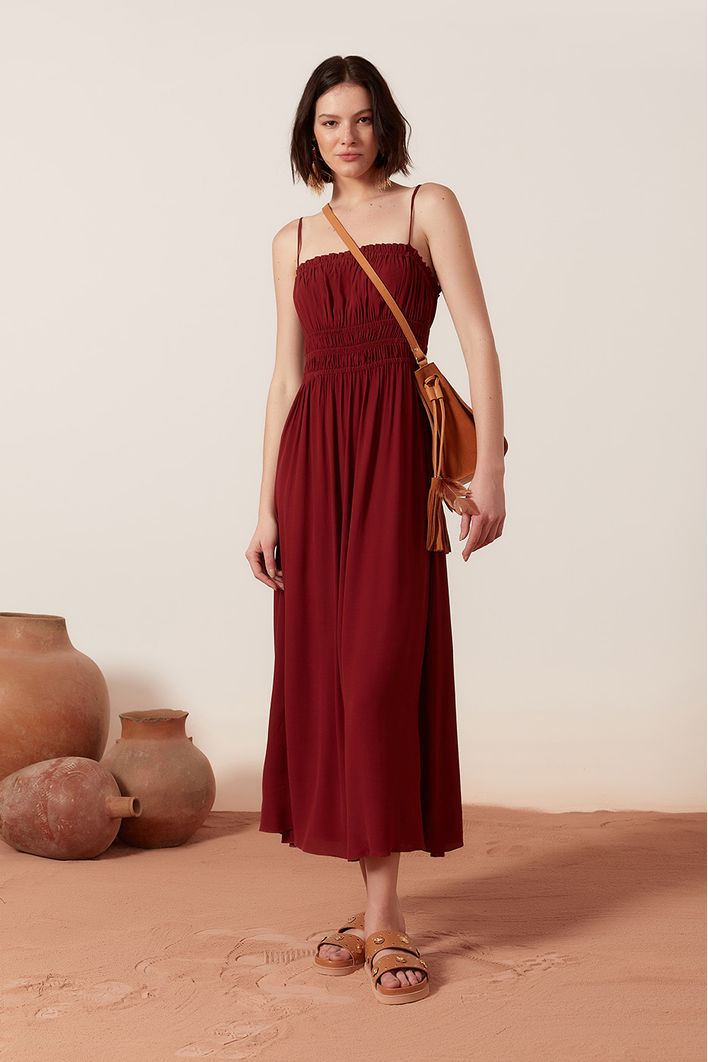 Vestido Longuete Crepe Busto Franzido
