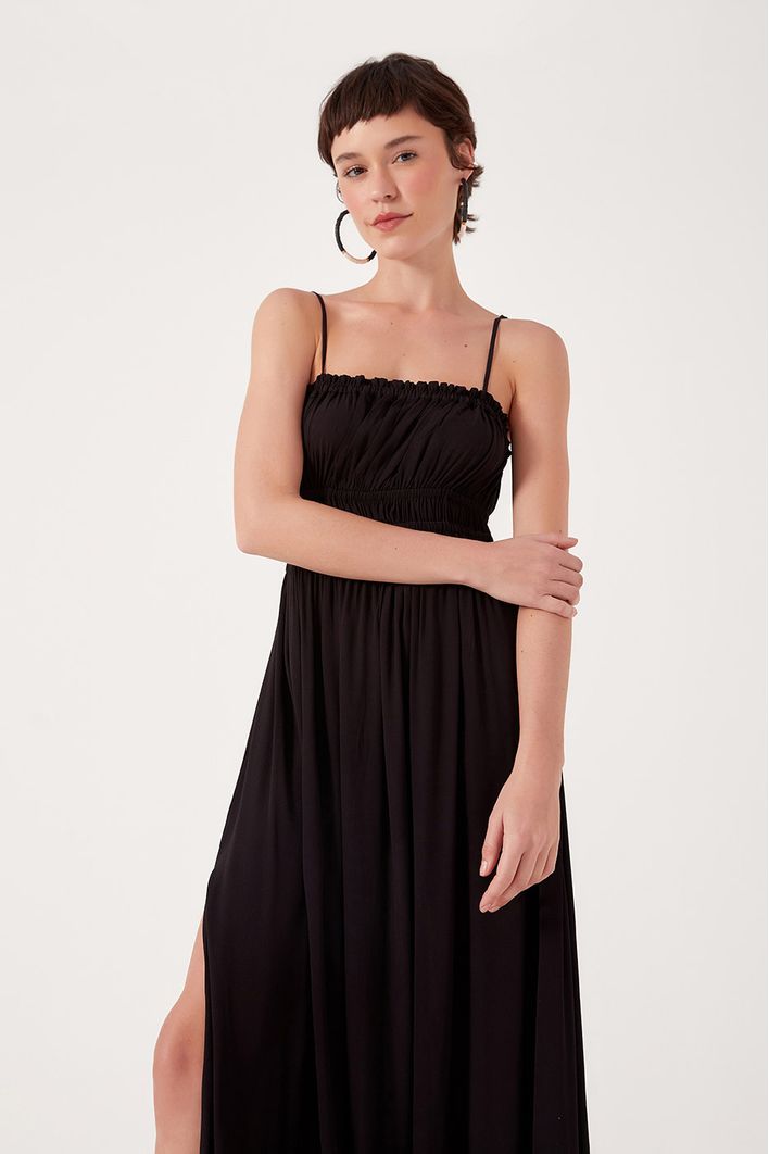Vestido Longuete Crepe Busto Franzido