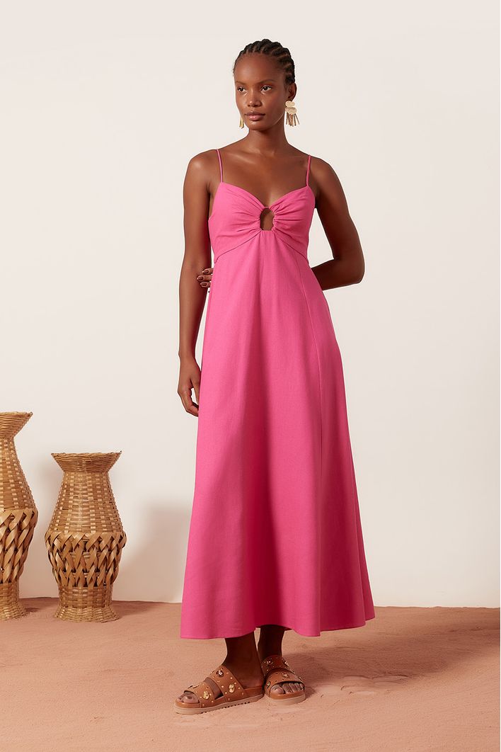 Vestido Linho Longuete Detalhe Busto